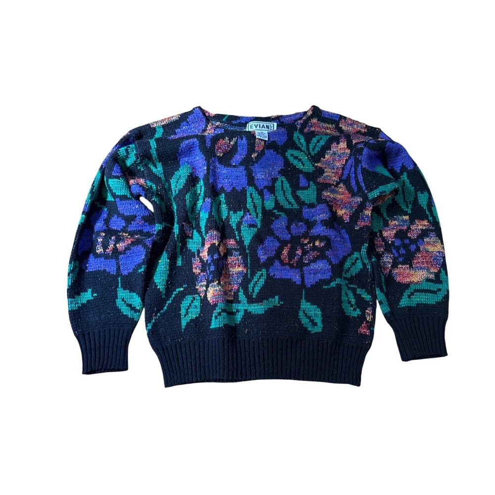 Evian Floral Sweater Women Black Vintage Boho Knit Pullover SIZE M